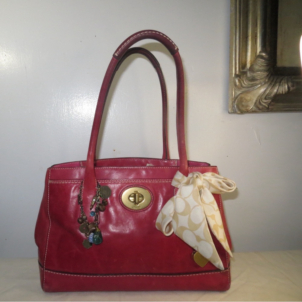 Coach Red Leather Shoulder Bag with Scarf